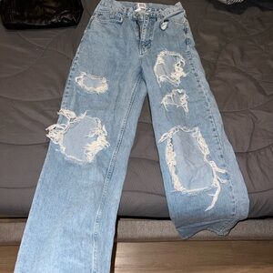 BDG Blue Flare Wide Leg Jeans with Distressed Design